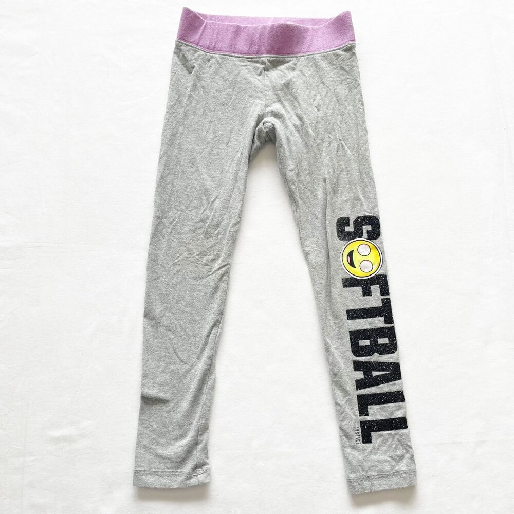 Justice Active Girls Size 7 Gray Softball Leggings With Purple Waistband - Picture 1 of 6